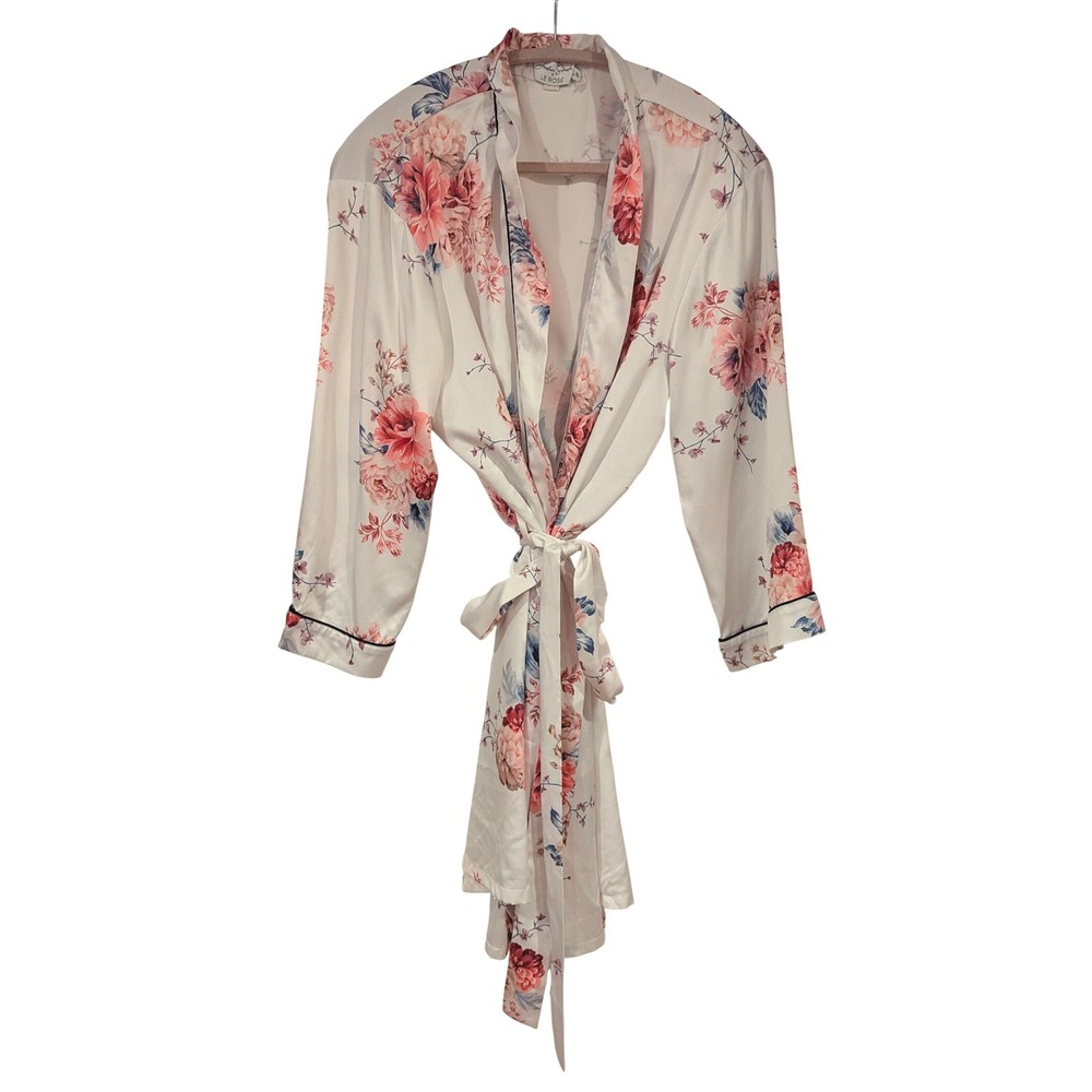 Jordan Simek x Le Rose Floral Satin Robe White Pink Blue Wrap Bridal L/XL